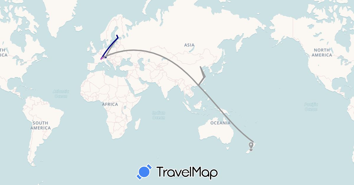 TravelMap itinerary: driving, bus, plane, train, boat in Austria, Switzerland, China, Germany, Finland, New Zealand (Asia, Europe, Oceania)